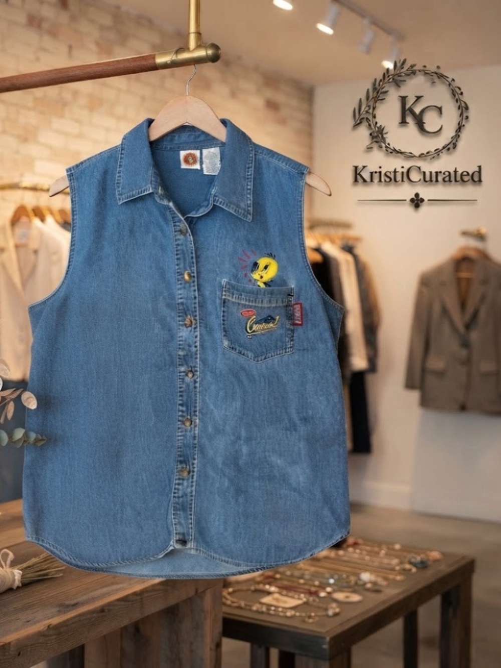 Looney Tunes Tweety Bird Embroidered Sleeveless Denim Shirt L